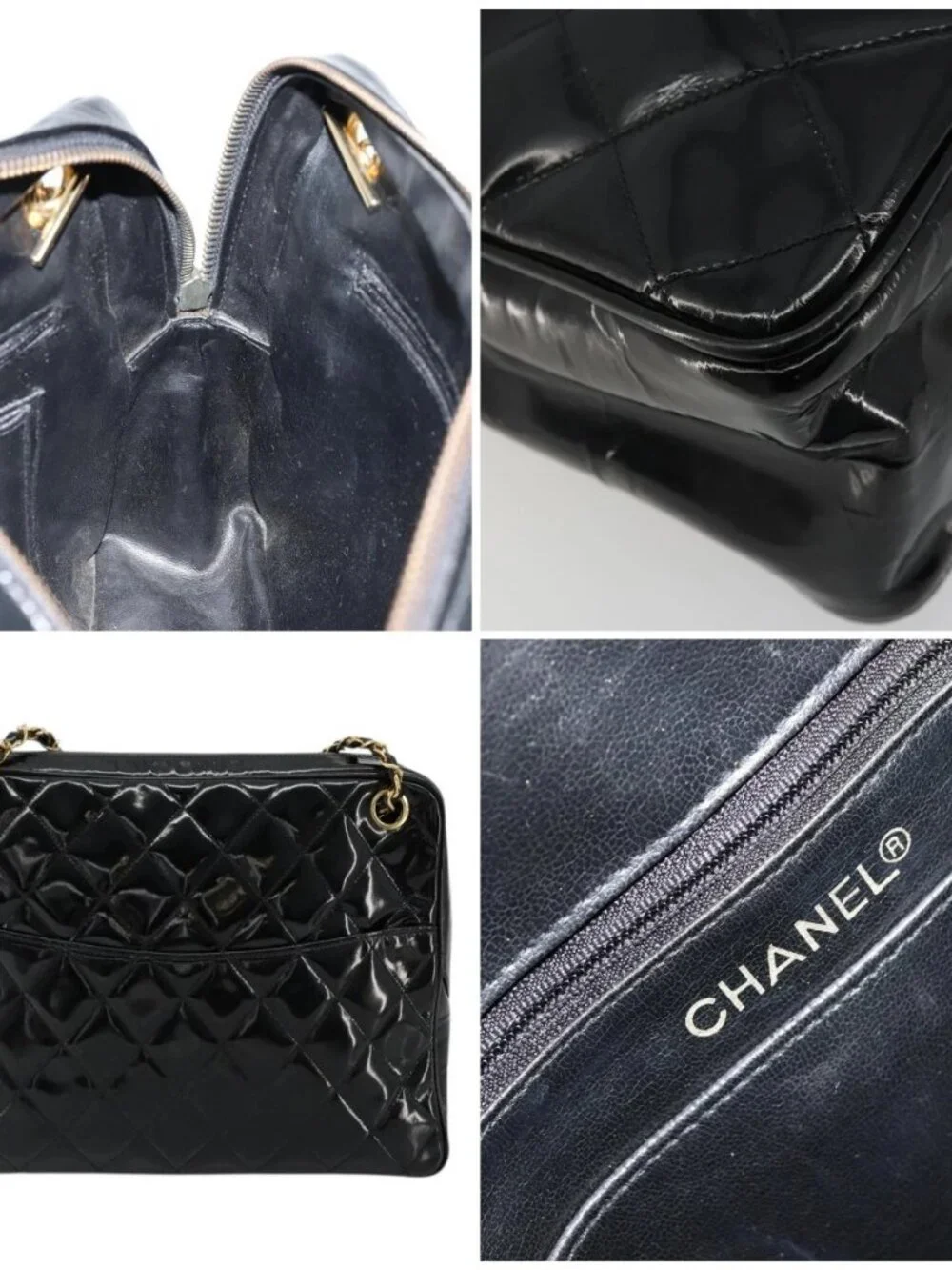 CHANEL Matelasse Chain Shoulder Bag Patent leather Black Gold CC Auth 175899